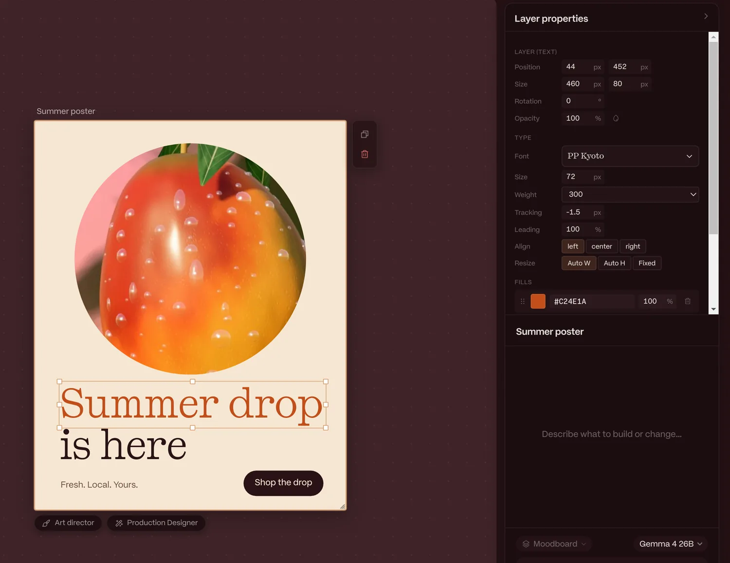 A design frame in Ripen: a summer poster with its text layer selected, with Layer properties showing PP Kyoto type settings