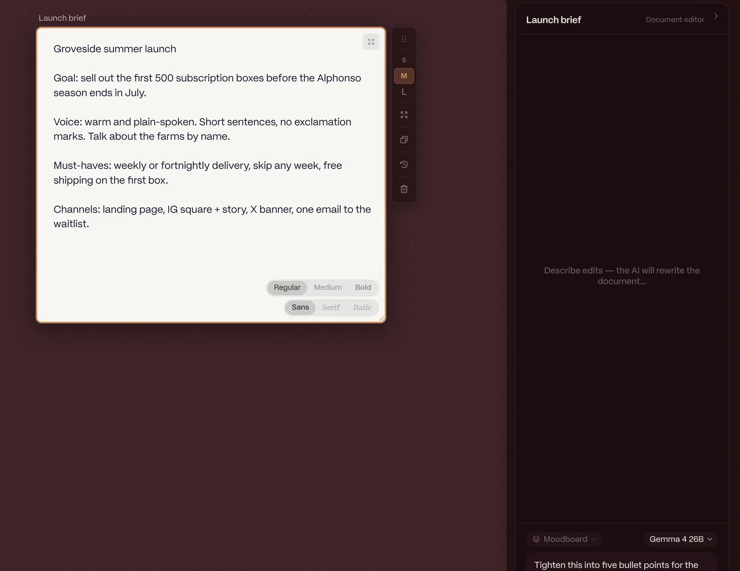 A Document frame with the launch brief, its size and font controls, and the document editor prompt