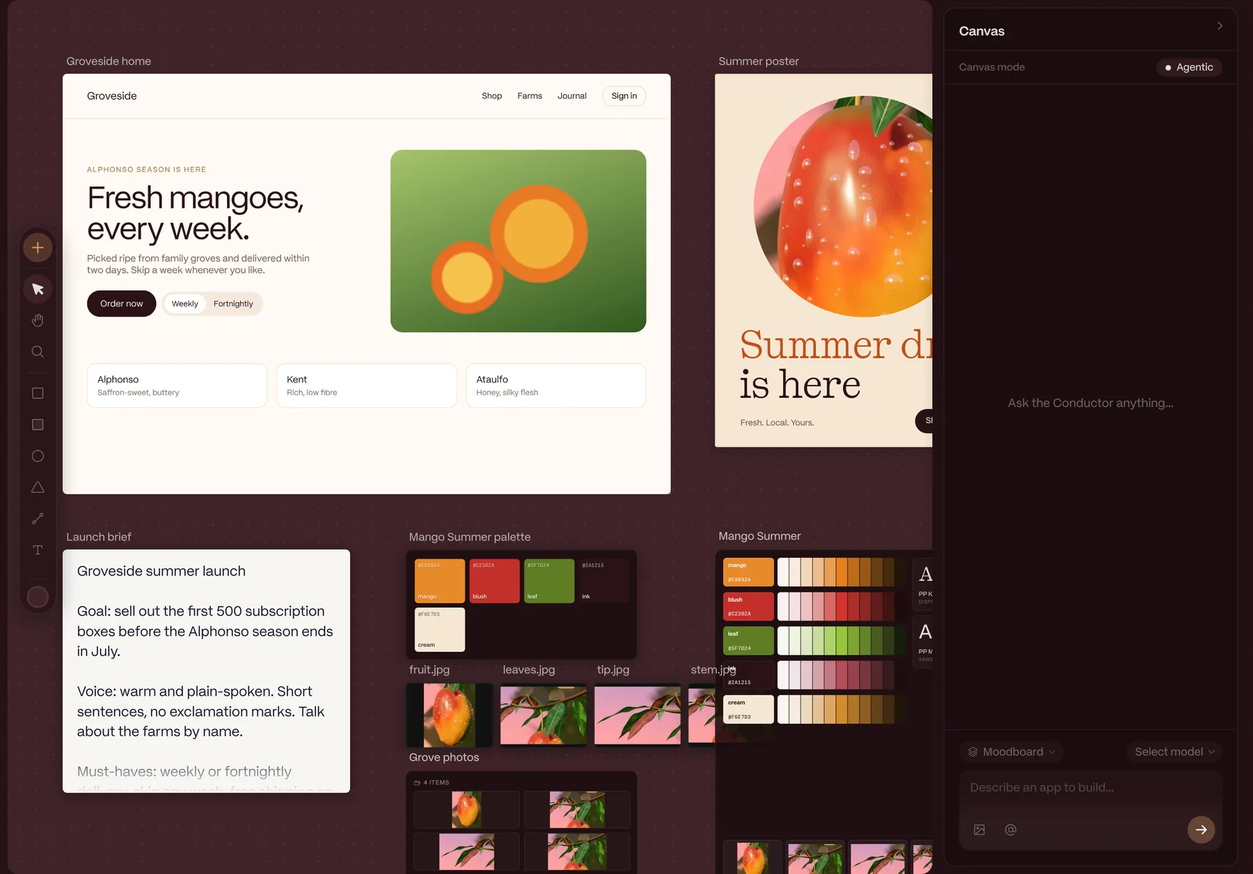 The Ripen canvas with a generated app, a design poster, a document, a palette, photos and a moodboard side by side