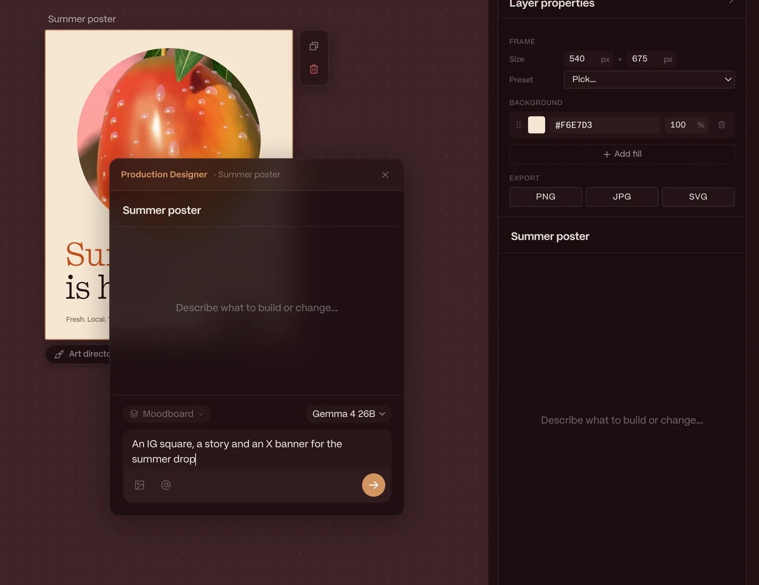 The Production Designer popover on a design frame, asking for an IG square, a story and an X banner